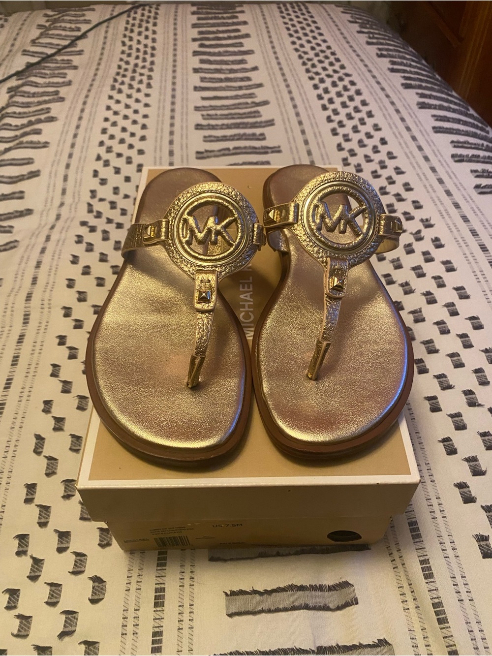 Michael Kors Metallic Gold MK Logo T-Strap Sandals